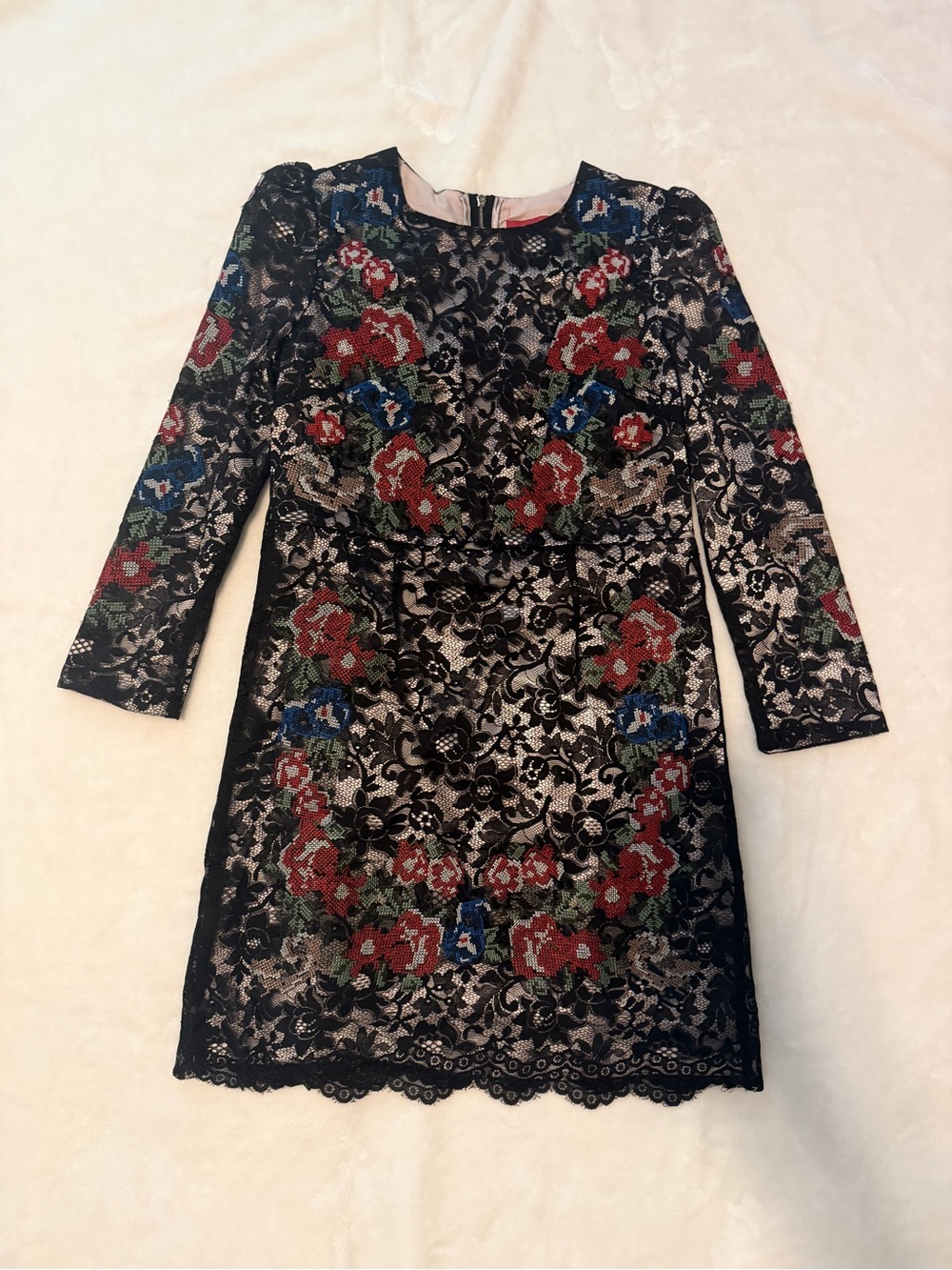 Black Lace Floral Sheath Dress with Red & Blue Embroidery
